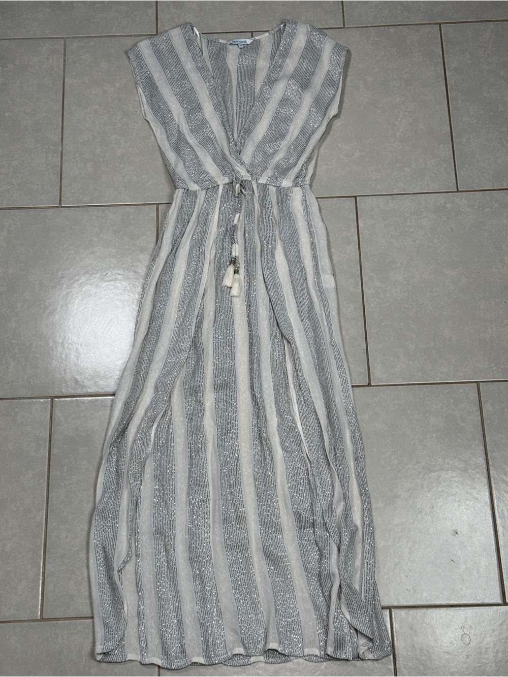 blue island Striped V-Neck Maxi Coverup in White & Silver NEVER WORN
